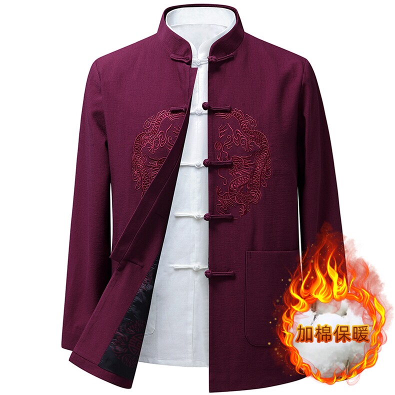 秋冬新款中年唐装男长袖夹克外套加绒棉服YDC8065-常规130加绒140,男装棉衣,星座1105-3