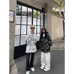 美式复古双帽迷彩连帽卫衣加绒加厚拉链开衫男女秋冬oversize外套图片