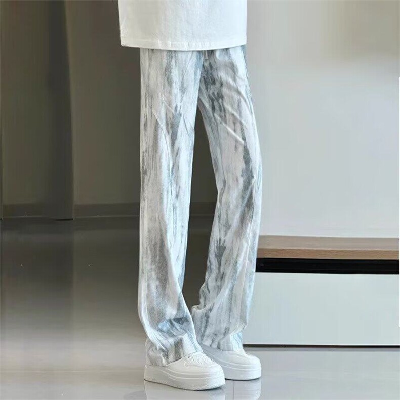 白色扎染速干弯刀裤男款美式复古直筒裤子垂坠感运动休闲冰丝长裤,男装休闲裤,星座603-2
