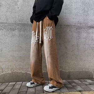 复古棕色牛仔裤男美式hiphop高街ins潮牌宽松N0503-P48图片