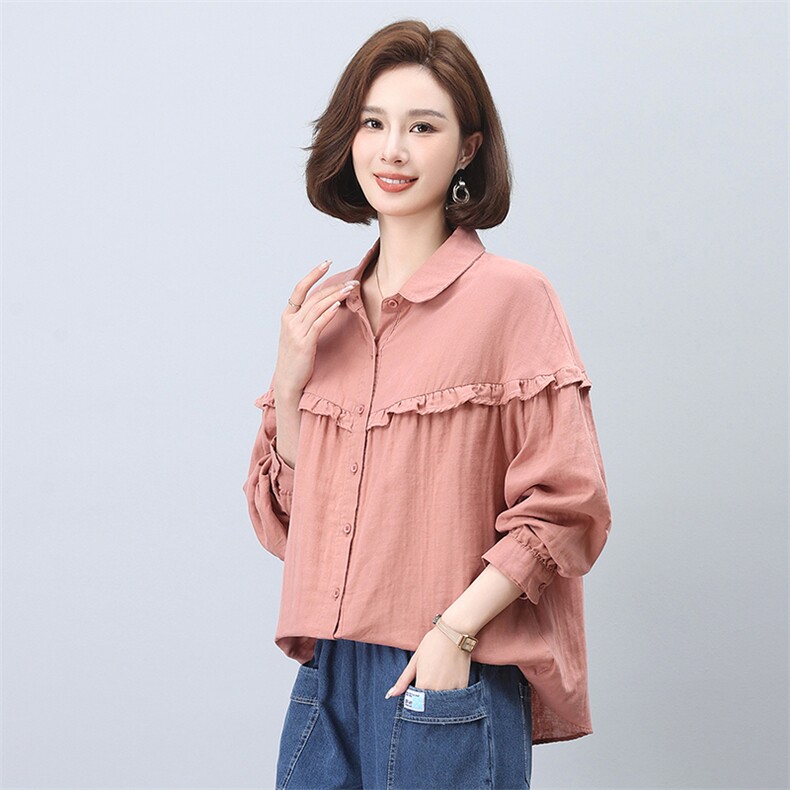 时尚宽松显瘦长袖衬衫女秋装新款韩版百搭荷叶边设计感小众上衣,女装衬衫,叶笙衣