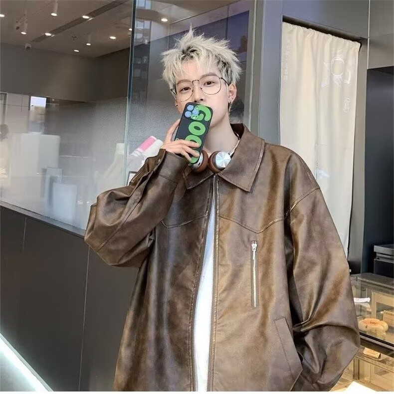 W301-P68痞帅炸街皮衣男款潮流夹克短款上衣2025新款春秋装,男装皮衣,电商B323A