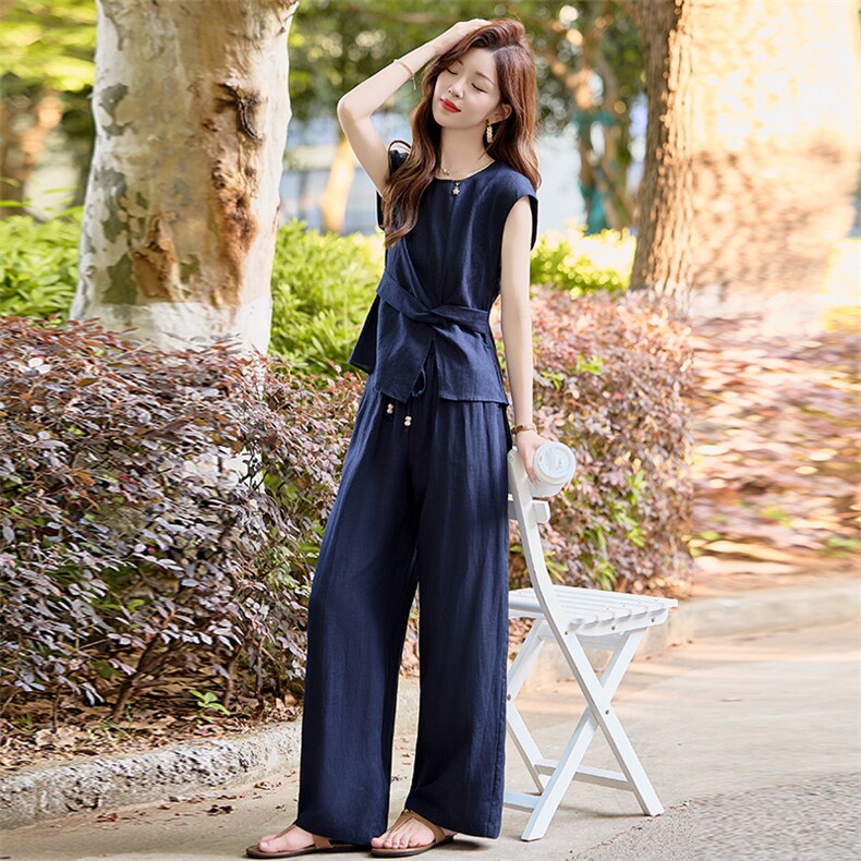 巨好看亚麻时尚套装女2026夏季气质通勤无袖背心上衣阔腿裤两件套,女装套装/套裙,美沁