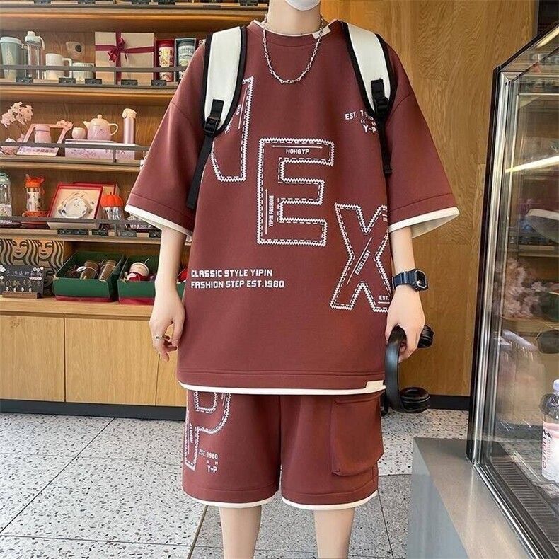 84306-P55青少年冰丝短袖运动套装t恤初高中学生男装宽松潮牌,男装T恤,电商D310B