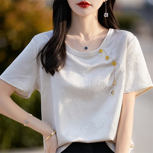 新中式国风短袖T恤女2025夏季圆领缎面提花衬衫上衣气质显瘦t恤衫图片