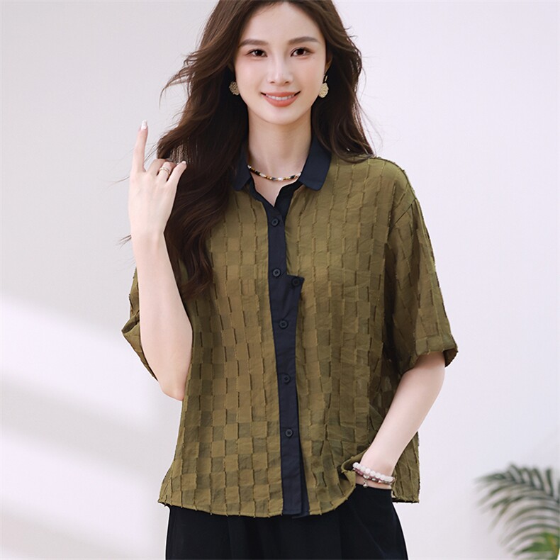 2024夏季新款大码宽松显瘦格子衬衫上衣,女装衬衫,梦芯尔