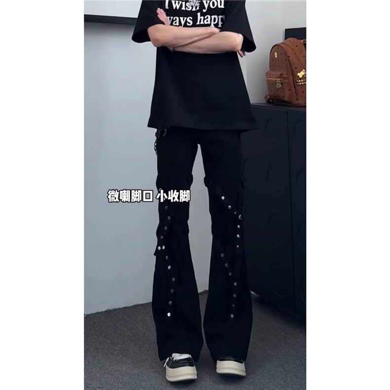 美式高街美式牛仔裤男宽松微喇显瘦排扣痞帅长裤513ACK2481P47图片