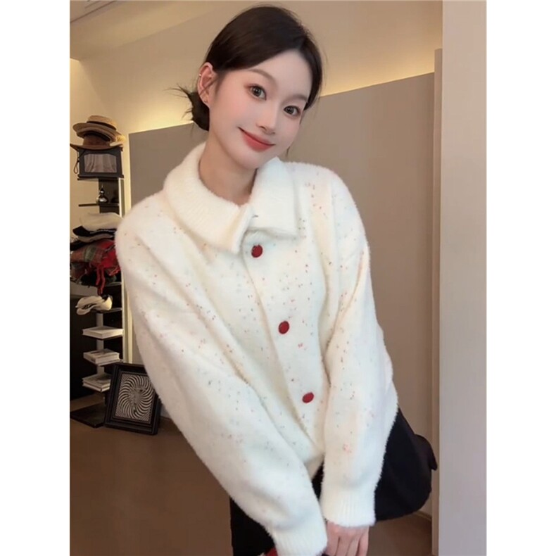 韩系复古白色彩点宽松高领毛衣外套女春秋原宿风百搭开衫气质上衣,男装针织衫/毛衣,星座1210-1