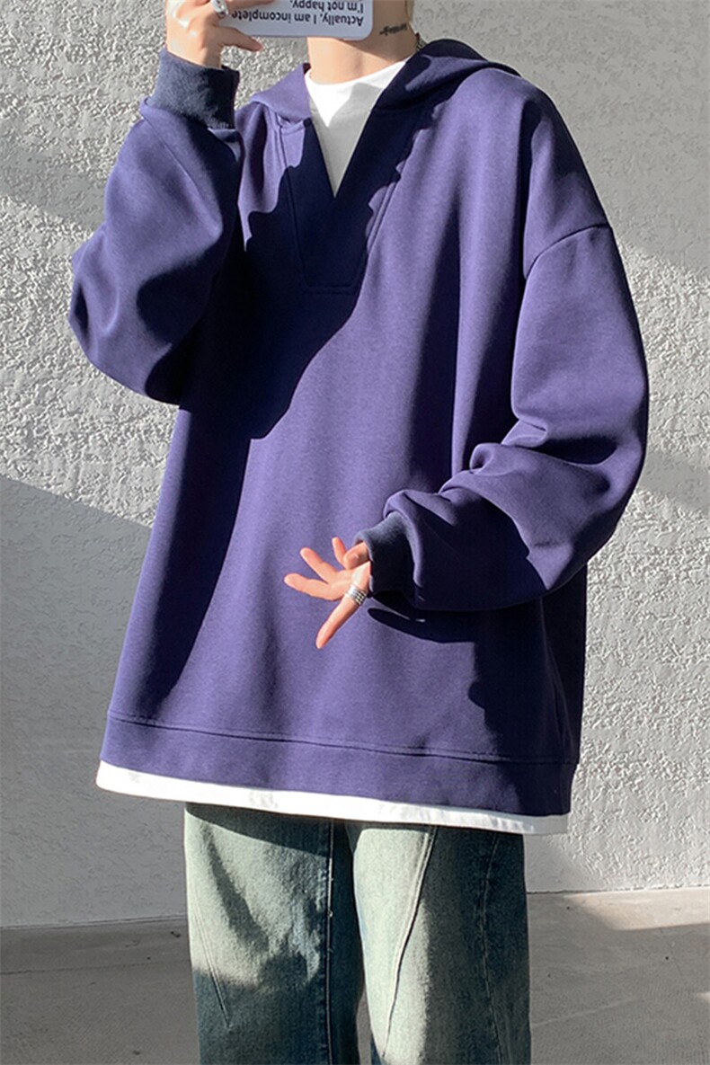8XL-M叠穿假两件卫衣重磅连帽V领拼接套头衫宽松大码外套WY006P65,男装卫衣,电商B312