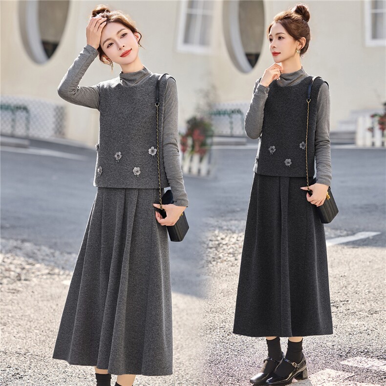 DLM2026春装新款毛呢马甲A版立体定花朵半身裙三件套装洋气套裙，女装套装/套裙，朵莱米