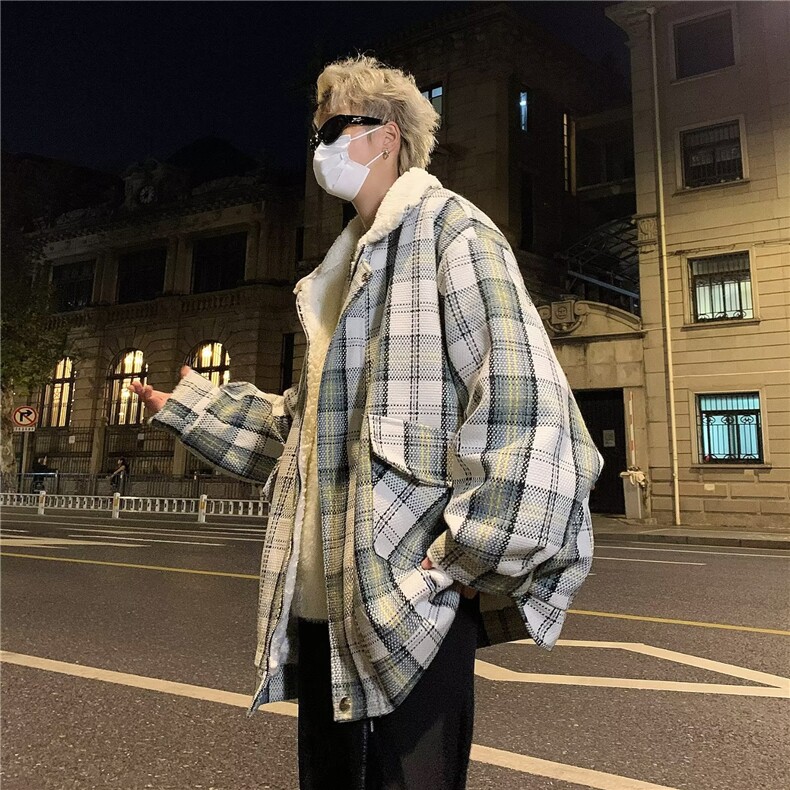 复古外套男秋冬季羊羔毛棉服加绒加厚小香风宽松格子棉衣潮M8029,男装夹克,星座1116A-1（原606A）