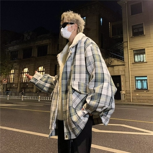 复古外套男秋冬季羊羔毛棉服加绒加厚小香风宽松格子棉衣潮 M8029图片