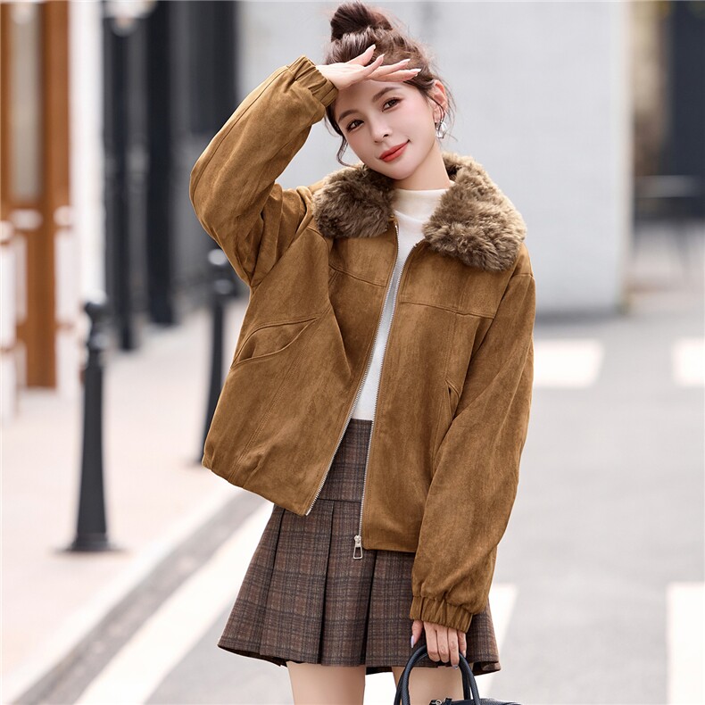 毛绒翻领加绒加厚鹿皮绒外套女2025秋冬新款洋气时尚百搭棉服上衣,女装棉衣/棉服,悦祺