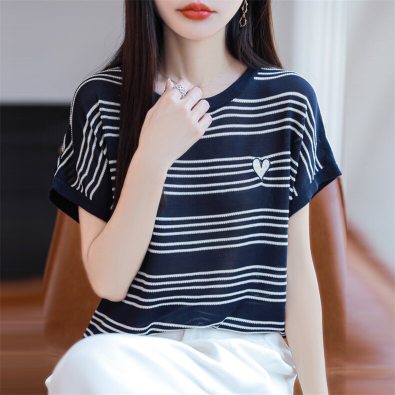 2025夏季新款圆领条纹爱心刺绣冰麻针织衫女宽松显瘦百搭短袖上衣,针织衫/毛衣,源达羊绒