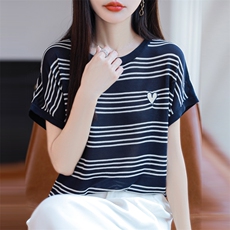 2025夏季新款圆领条纹爱心刺绣冰麻针织衫女宽松显瘦百搭短袖上衣，女装针织衫/毛衣，源达羊绒
