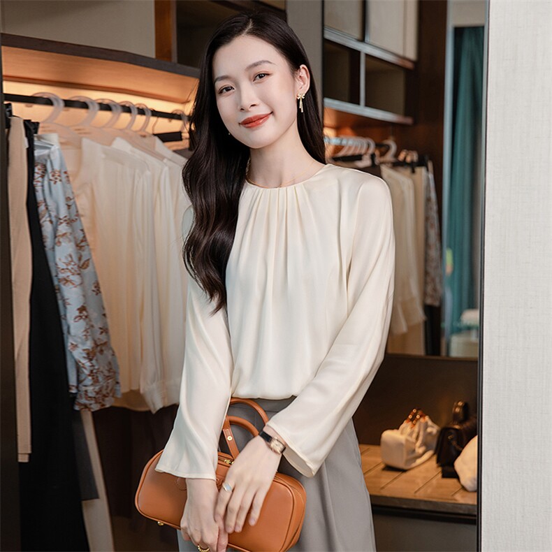 高端真丝上衣女长袖T恤2026春季圆领气质妈妈印花重磅真丝小衫t,女装衬衫,阿舍尔精品