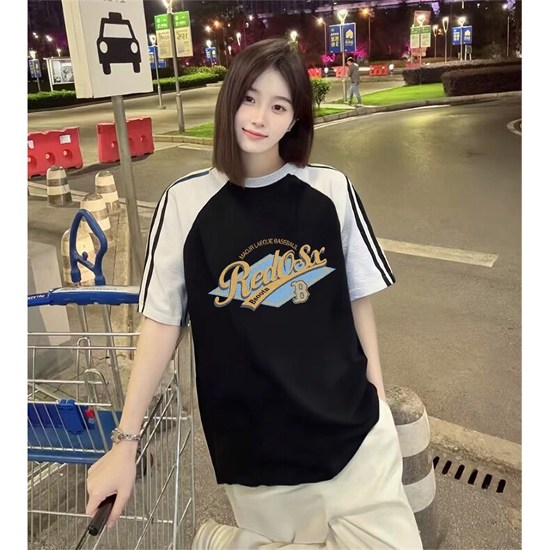 抖音得物品质二开240克宽松纯棉美式潮牌插肩三杠织带短袖T恤图片