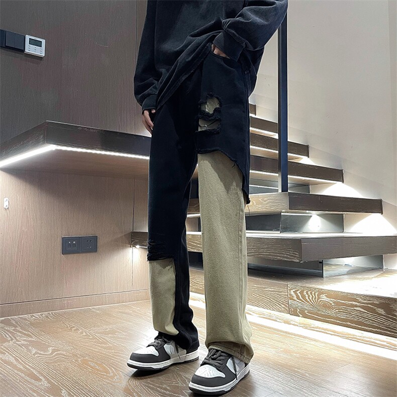 高街vibe设计感小众休闲直筒裤美式潮牌破洞牛仔裤男 K7270-P48图片