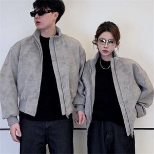 短款扎染脏脏美式复古立领PU皮夹克上衣男女同款外套JK918-特P65图片