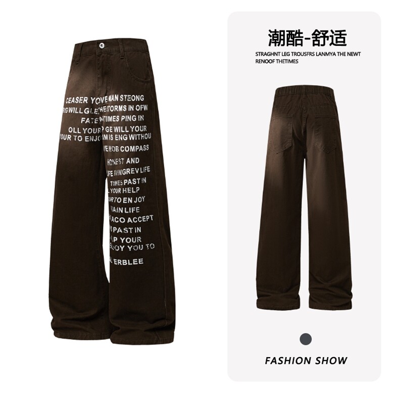 B221 美式ins高街宽松直筒字母印花洗褪牛仔裤 LK25591-特P45控78图片