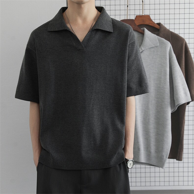 美潮亨利衫短袖t恤男翻领新款宽松polo衫男半袖打底衫上衣服图片