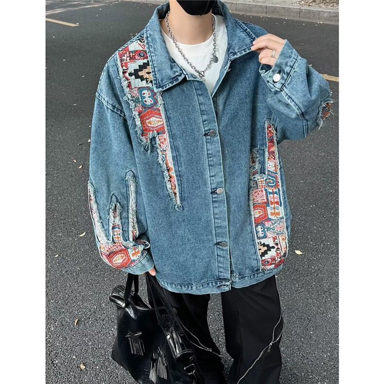 新款风绣花拼接翻领牛仔外套男女情侣宽松上衣夹克潮25666-p70图片