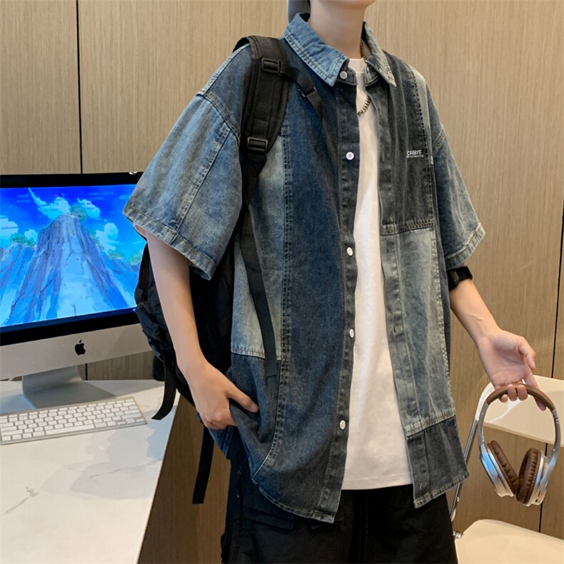 复古衬衫男夏装港风学生宽松小众设计感男装上衣外穿CS01145-P55,男装衬衫,星座308B-2