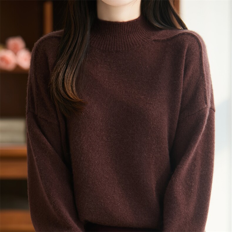 2025年秋季时尚百搭休闲宽松半高领羊毛衫,女装羊毛衫,贝美羊绒