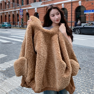 橘色皮毛一体羊羔毛绒外套女冬季2025新款韩系宽松加厚麂皮绒大衣,女绒大衣怎么搭配图片