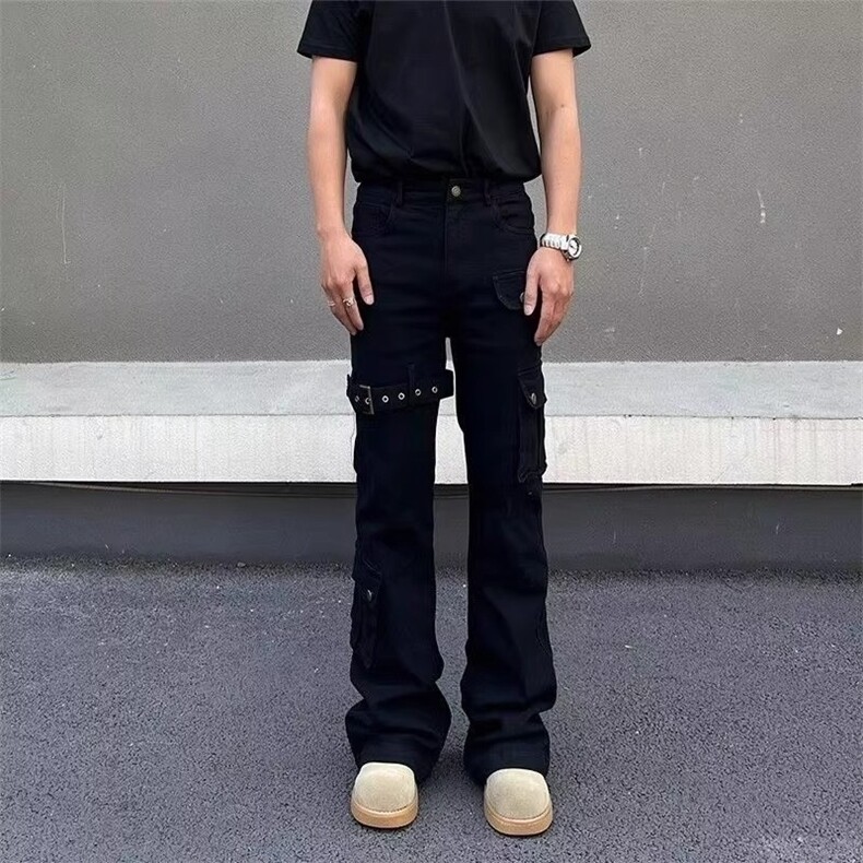 vibe白色绑带微喇工装牛仔男cleanfit美式高街修身弹力长裤,男装牛仔裤,星座506A