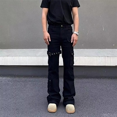 vibe白色绑带微喇工装牛仔男cleanfit美式高街修身弹力长裤，男装牛仔裤，星座506A