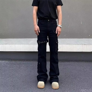vibe白色绑带微喇工装牛仔男cleanfit美式高街修身弹力长裤图片