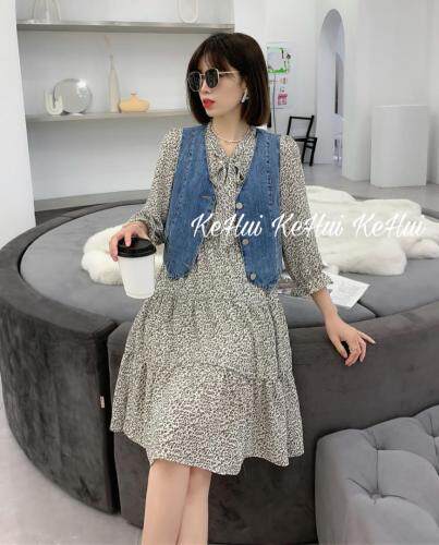 【现货】夏季牛仔马甲碎花连衣裙两件套，女装马夹，珂 慧