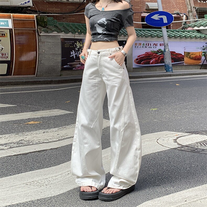 拼接白色阔腿牛仔裤男女夏季休闲裤高腰宽松直筒裤长裤YD9017-P70,男装牛仔裤,星座509