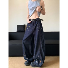 卡通刺绣弯刀牛仔裤男女宽松情侣水洗阔腿休闲牛仔裤NZK6094-p58，男装牛仔裤，星座302B-2