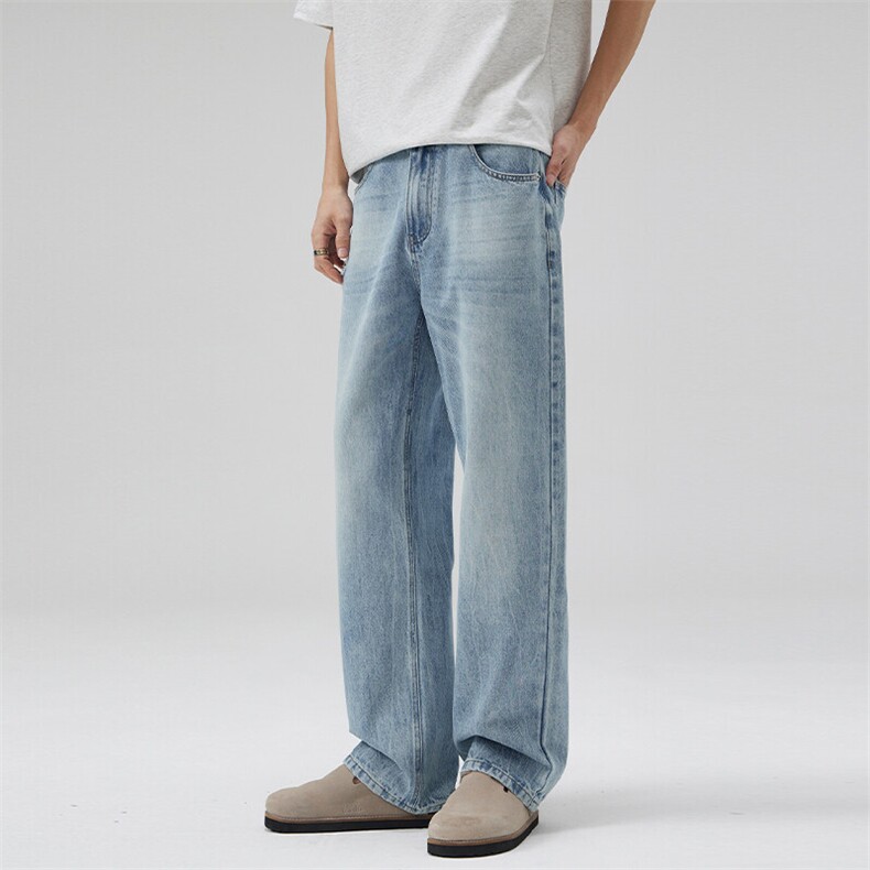 2025春夏美式水洗浅蓝破洞牛仔裤男休闲复古百搭直筒微锥长裤子，男装牛仔裤，星座301D-3
