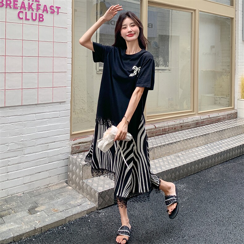 法式减龄蝴蝶结拼接连衣裙女2025夏季新款韩版宽松显瘦鱼尾长裙子,女装连衣裙,2C317A