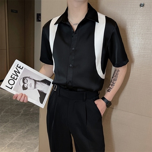 夏季网红痞帅冰凉透气拼接设计短袖衬衫男醋酸衬衣CS815-P65控85图片