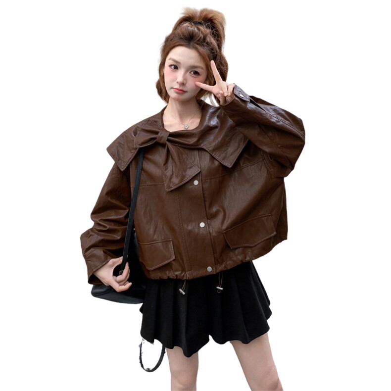 美拉德风娃娃领短款PU皮衣外套女2025年春秋季新款设计感减龄夹克,女装皮衣,蝶眷