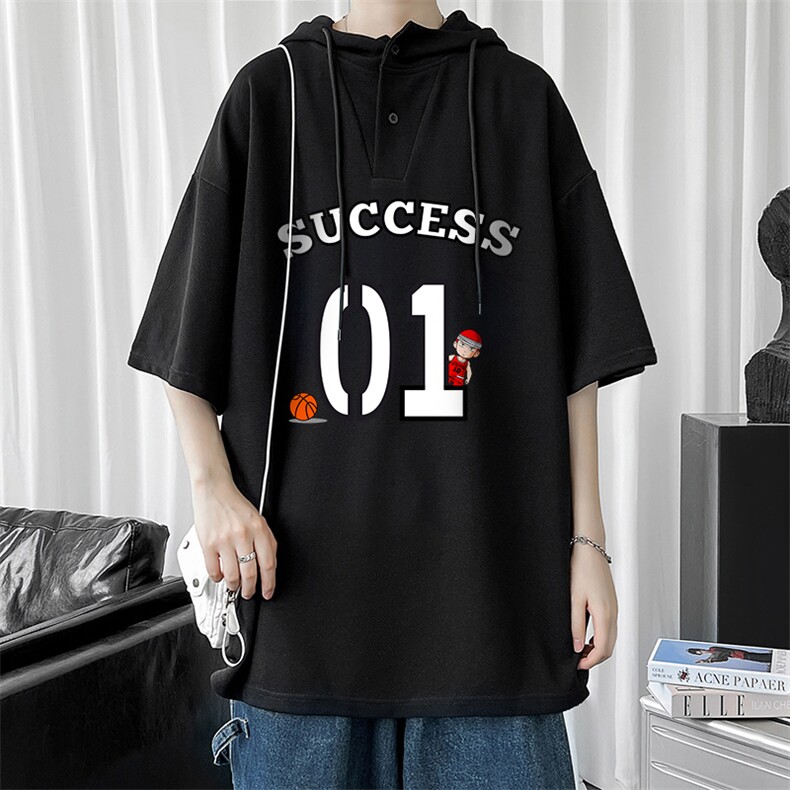 LD54205-P45连帽短袖t恤男大码胖子带帽五分袖中袖,男装T恤,电商A040