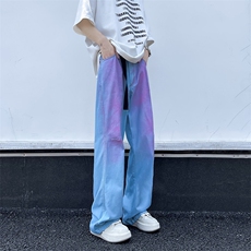 夏季新款彩虹渐变牛仔裤薄款潮流复古宽松直筒休闲阔腿裤，男装牛仔裤，星座410-7