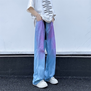 夏季新款彩虹渐变牛仔裤薄款潮流复古宽松直筒休闲阔腿裤图片