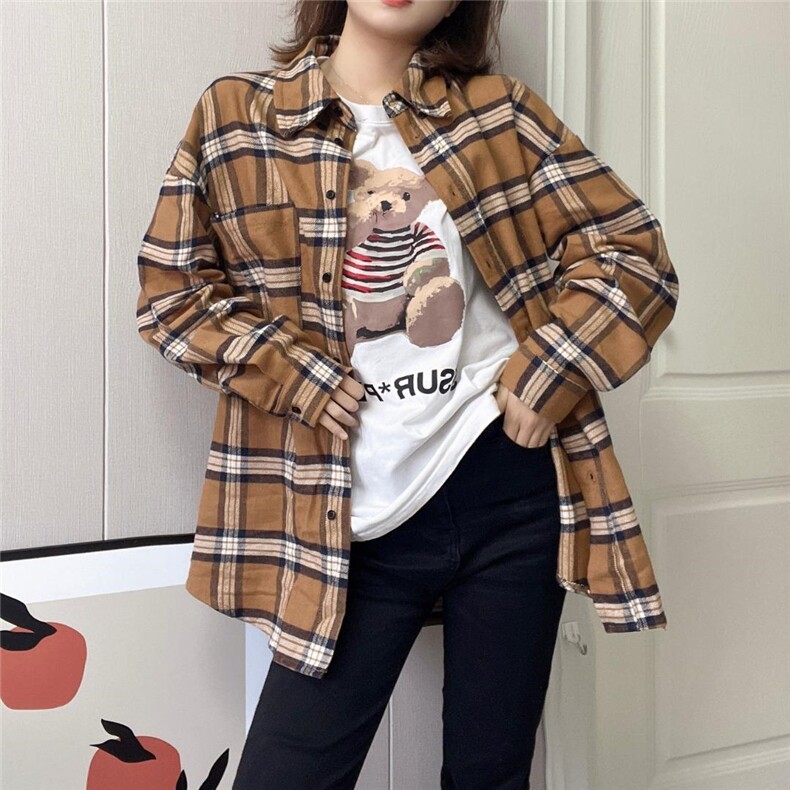 磨毛格子衬衫，女装衬衫，戈朴