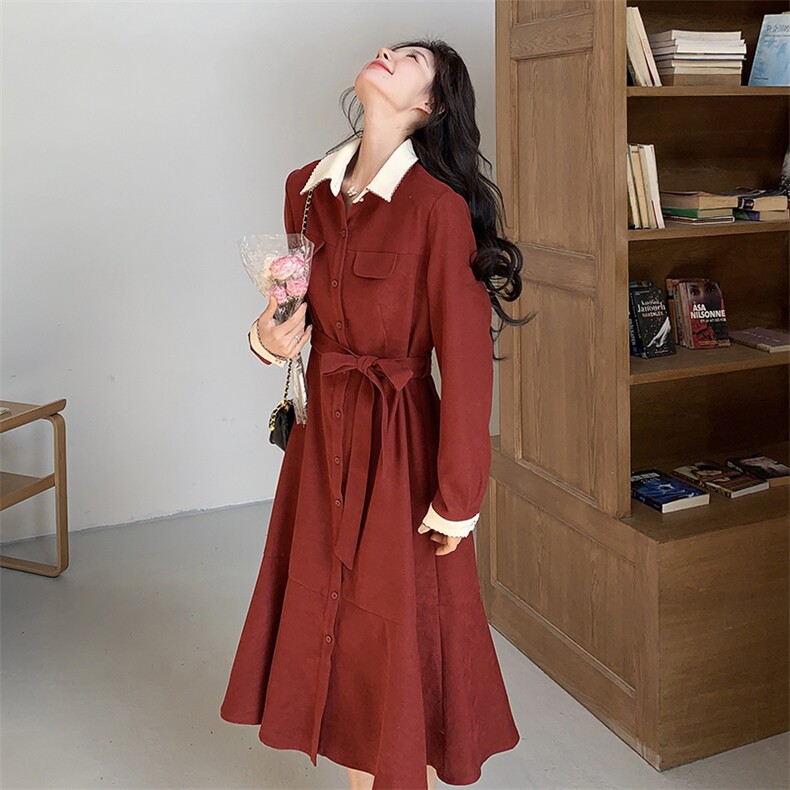 法式复古红色灯芯绒连衣裙女2025春季新款高级感时尚气质衬衫裙子,女装连衣裙,浙宝203