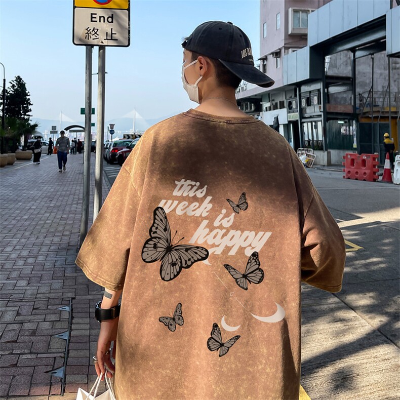 B239-1163-P38蝴蝶字母印花复古水洗做旧半袖重磅短袖T恤美式,男装T恤,星座514-2(原B239)