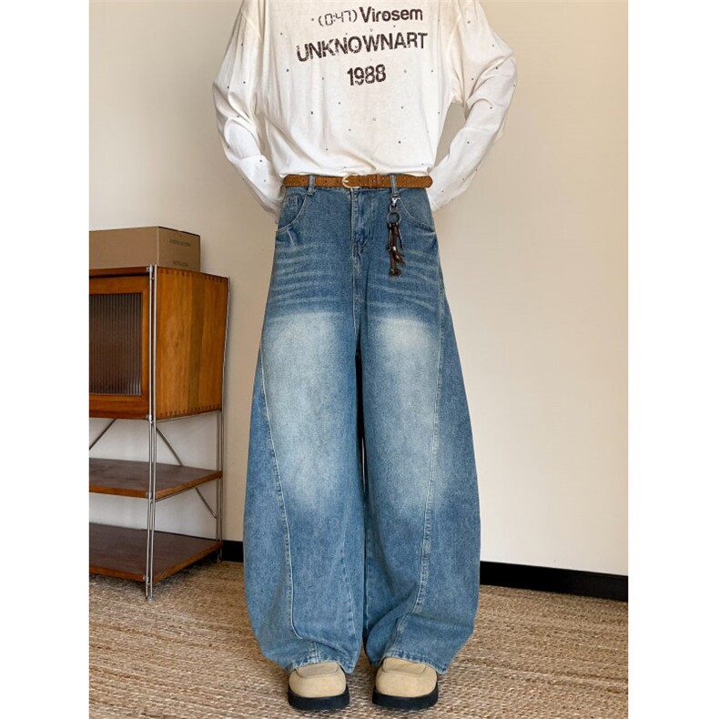 美式复古垂感解构宽松廓形香蕉裤弯刀牛仔裤男女长裤RK3164-P48，男装牛仔裤，星座412-3