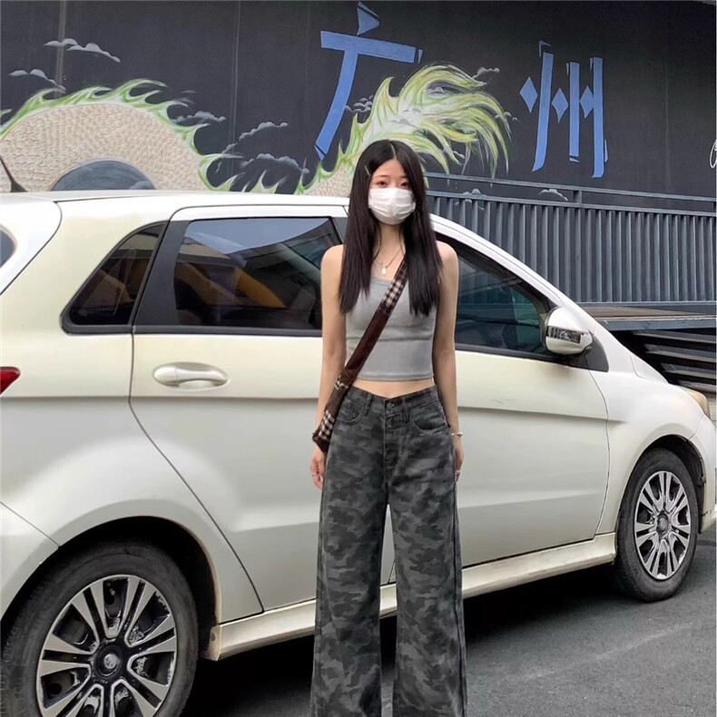 美式迷彩直筒牛仔裤女2025年夏季小个子高腰宽松显瘦阔腿裤新款,男装牛仔裤,星座1210-1
