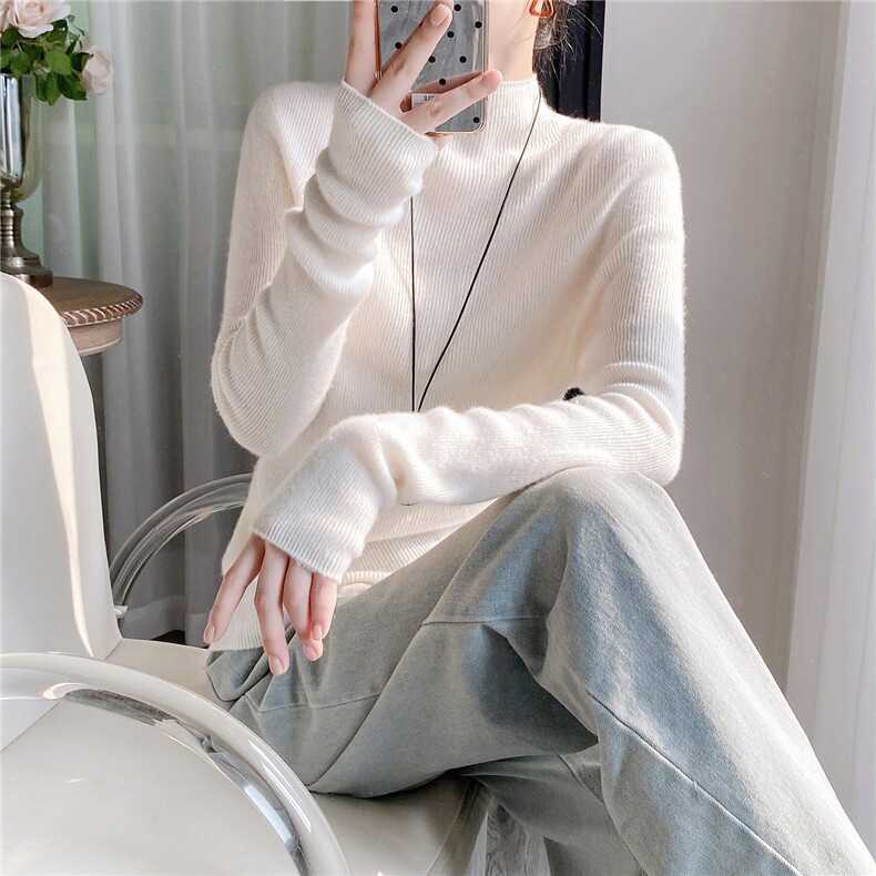 HE|轻奢篙精软糯baby山羊绒衫女半高领紧身针织衫毛衣打底衫，女装针织衫/毛衣，织纯羊绒