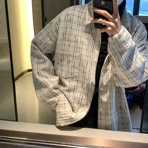 加厚格子衬衫男士潮流宽松高街潮牌秋季呢料休闲衬衣外套DX129P60，男装衬衫，电商B413-1