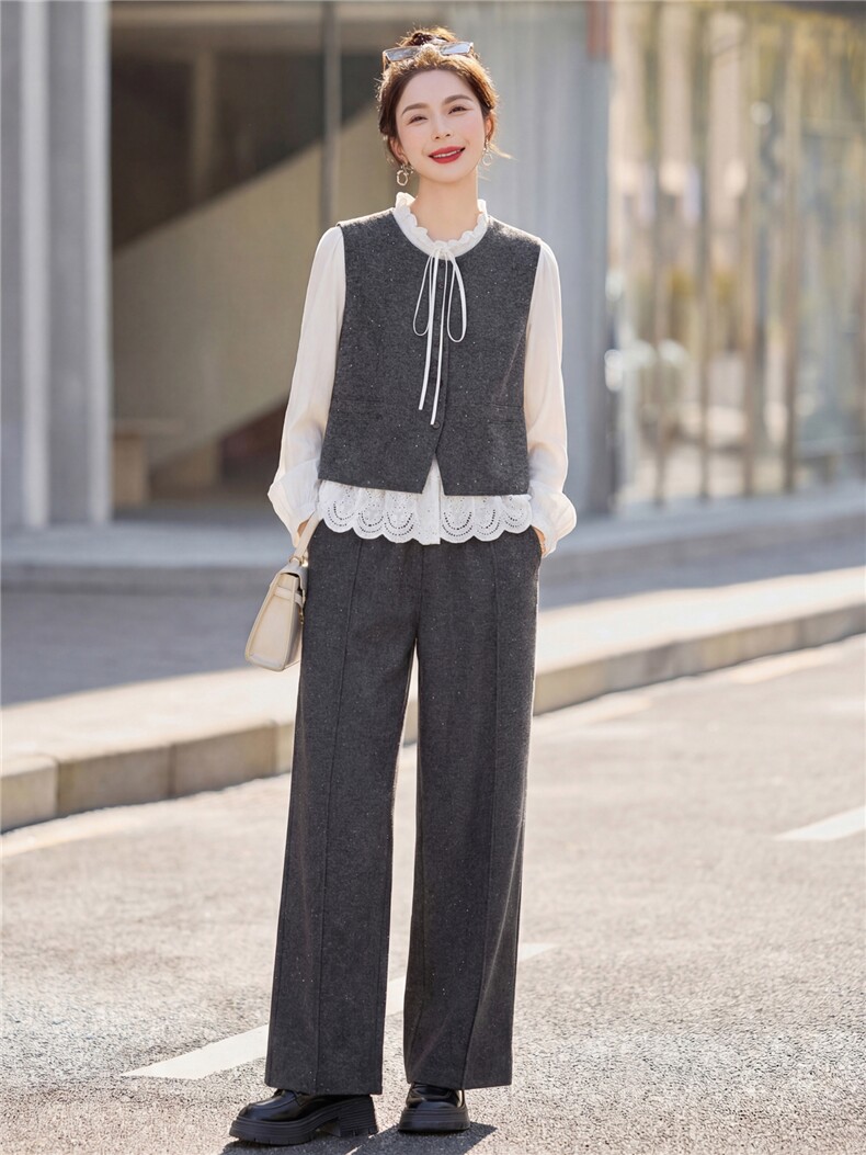 三件套女长裤居家纽扣长袖春季中高腰休闲2026年春季圆领开衫,女装套装/套裙,悦祺